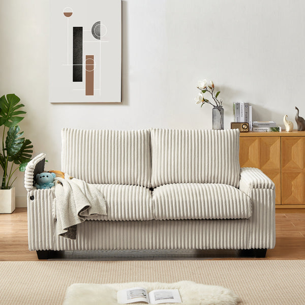 English Elm 71" Plush Corduroy Sofa with Hidden Armrest Storage, USB Charging Port, Solid Wood Frame Comfort White W3817P375150