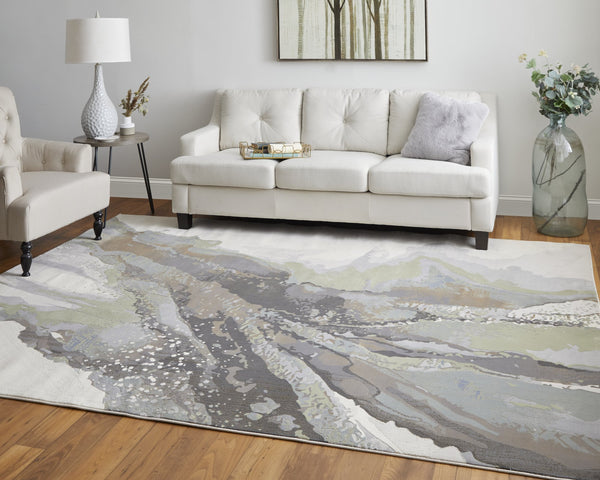 Feizy Rugs Clio Abstract Watercolor Area Rug - Luxurious Machine-made Design With High-low Pile Texture Green,Purple,Ivory Polypropylene Clo39k2fgrymltf01