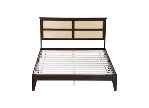 English Elm Queen Rubberwood Bed with PE Rattan Headboard, Espresso Finish, Solid Frame, 14 Slats, 300lb Capacity W504P252031