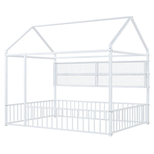 English Elm Full Metal House Bed Frame Full Size with Built-In Fence and 4 Grid Shelves for Durable Storage and Style White N737P175361K