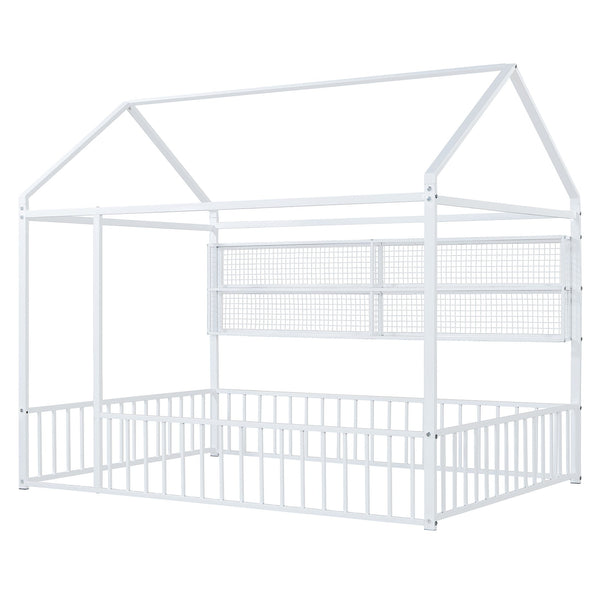 English Elm Full Metal House Bed Frame Full Size with Built-In Fence and 4 Grid Shelves for Durable Storage and Style White N737P175361K
