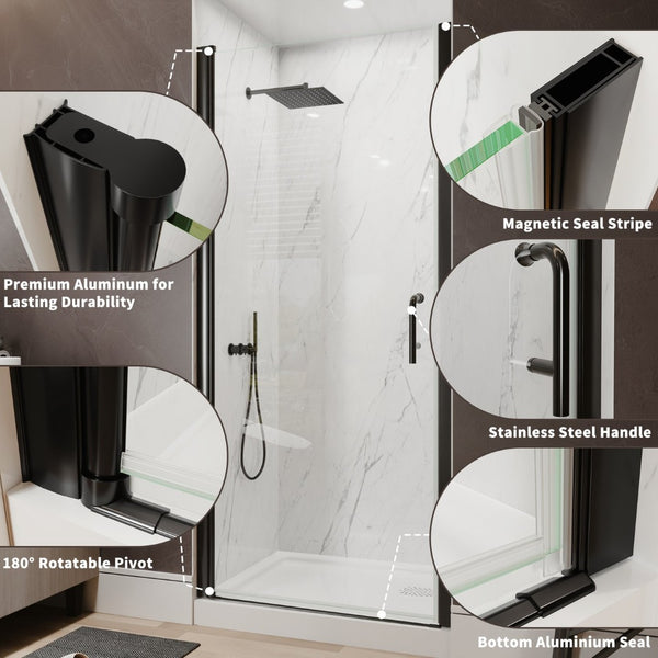 English Elm 34-36 in Frameless Pivot Shower Door Clear Glass Matte Black Hardware Reversible Swing W63777032