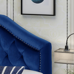English Elm Tufted Queen Headboard with Nailhead Trim Solid Wood Frame Adjustable Iron Legs Navy Blue 57875.00NVLTNBLU