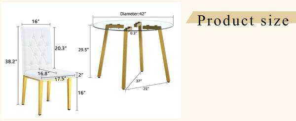 English Elm Table Modern 5-Piece Set: Round Clear Tempered Glass Table With Gold Legs & 4 White Pu Chairs W1151S03833-GIGA