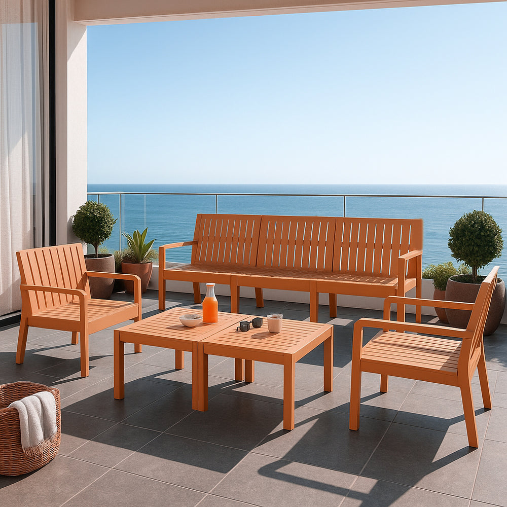 English Elm 5-Piece Outdoor/Indoor Furniture Set with Weatherproof PP, 3-Seater Sofa, 2 Chairs, Easy Assembly, Space-Saving Nesting Tables Apricot Brown W3450S00001