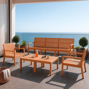 English Elm 5-Piece Outdoor/Indoor Furniture Set with Weatherproof PP, 3-Seater Sofa, 2 Chairs, Easy Assembly, Space-Saving Nesting Tables Apricot Brown W3450S00001