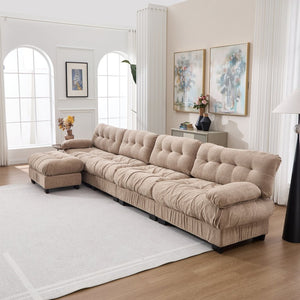 English Elm Modular Cloud Sofa Deep Seat Flannelette Sectional with Round Armrests for Living Room Light Brown W2120S00046