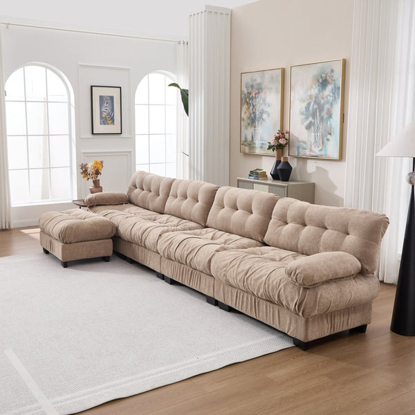 English Elm Modular Cloud Sofa Deep Seat Flannelette Sectional with Round Armrests for Living Room Light Brown W2120S00046