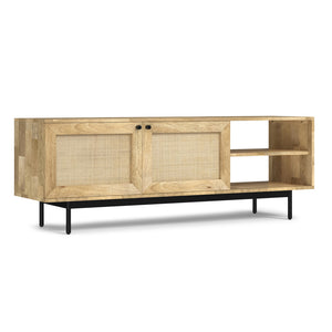 English Elm Reeves Mango Wood TV Media Stand 65" with Woven Raffia Cabinets, Black Iron Base, Natural Finish B136P203487