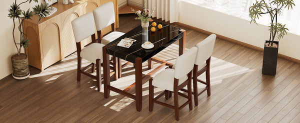 English Elm 5-Piece Counter Height Dining Set with Faux Marble Top and Upholstered Seats, Mid-Century Pub Charm Black+Beige N752S000086D