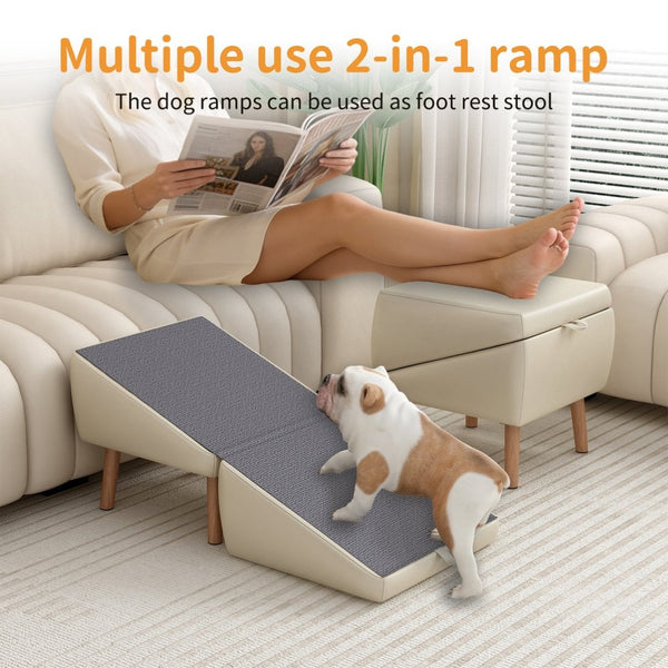 English Elm Dog Pet Stairs Solid Wood Foldable Ramp with Ottoman Style for Couch or Bed Light Gray W2641P440162