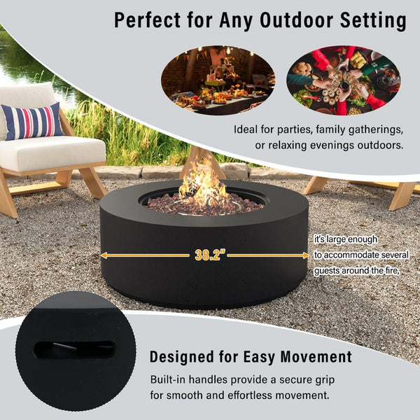 English Elm U_style Round Mgo Propane Fire Pit 50000 Btu Sculptural Outdoor Patio Table with Lava Rocks Black N711P410554B
