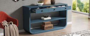 English Elm [video] Sculptural Console Table Pine Wood Curved Legs Soft-close Drawers Open Shelving Entryway Blue N759P433560C
