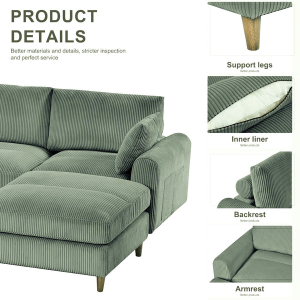 English Elm Modern corduroy modular sectional sofa U‑ or L‑shape convertible oversized seating with storage pockets adjustable headrests Olive Green W2121S00010
