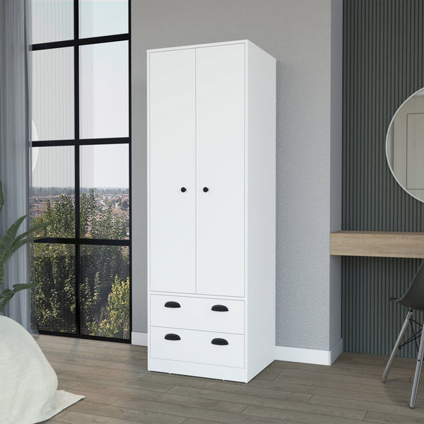 English Elm Denton White Armoire with Hanging Rod, Two Spacious Drawers & Stylish Handles for Organized Storage B128S00122