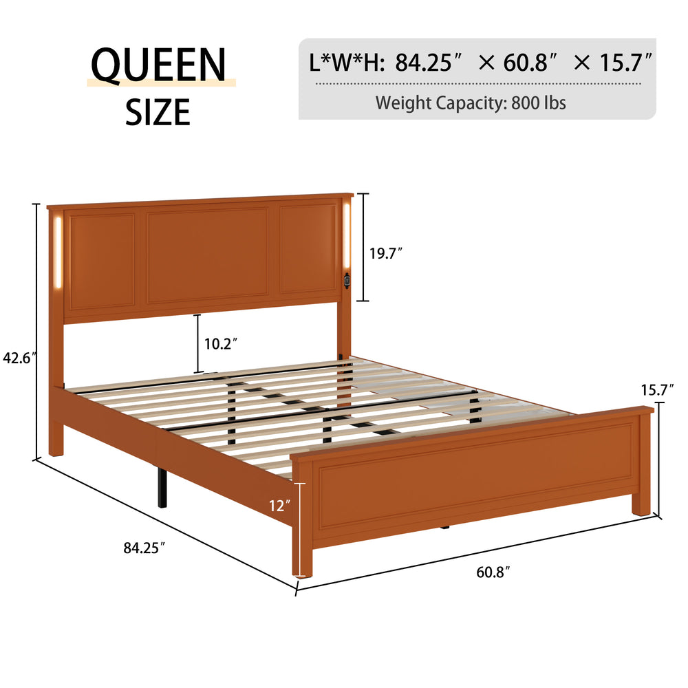 English Elm Queen Platform Bed Frame with Antique Brown Wood Headboard, USB/Type-C Charging & LED Light Bar W636P193308