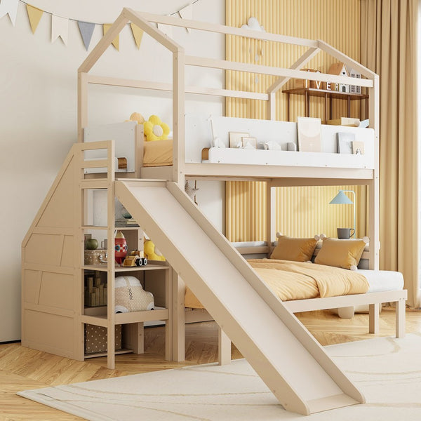 English Elm House-shaped Pine Bunk Bed with Built-in Slide Storage Staircase Twin Over Full Kids Frame Beige+White N820S00082A