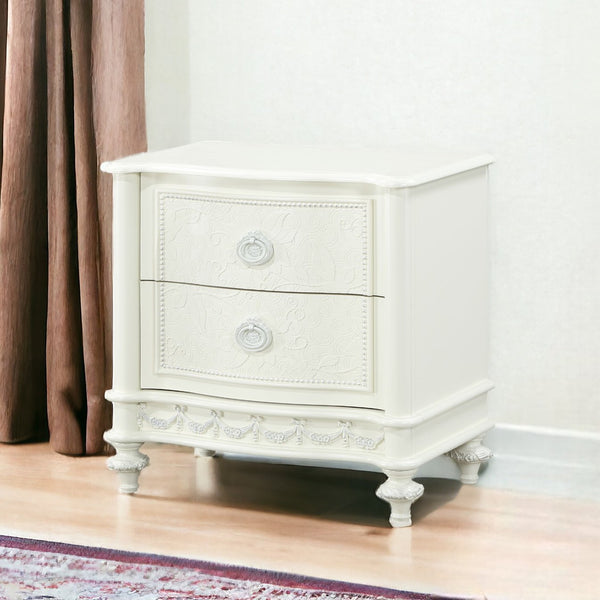 English Elm Ivory Romantic 2-Drawer Nightstand with Floral Ring Pulls, Smooth Metal Glides, Elegant Bedroom Accent B062P209005