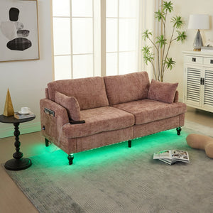 English Elm Modern chenille 2-seater sofa with LED lighting, USB charging, storage pocket, sturdy wood legs Pink W395P318541