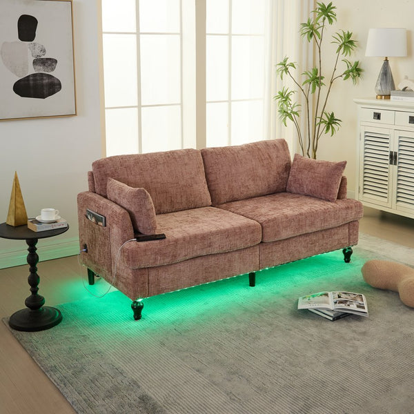 English Elm Modern chenille 2-seater sofa with LED lighting, USB charging, storage pocket, sturdy wood legs Pink W395P318541