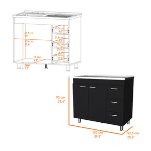 English Elm Darien Melamine Base Cabinet with Stainless Steel Top, Faucet Hole, 3 Drawers & Double Door Storage B128S00005