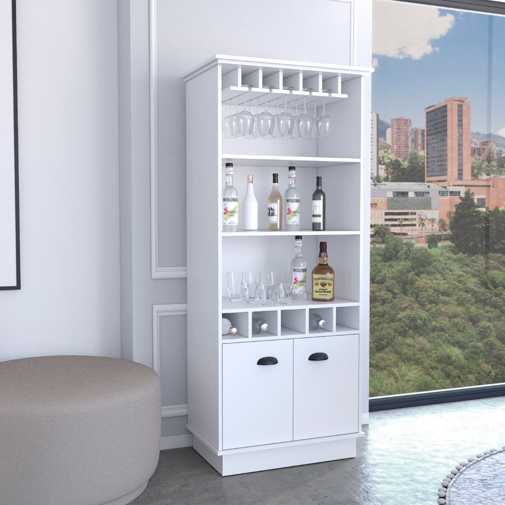 English Elm Dundee Tall White Bar Cabinet with Glass Panel Doors Open Cubbies and Display Shelves B200S00385