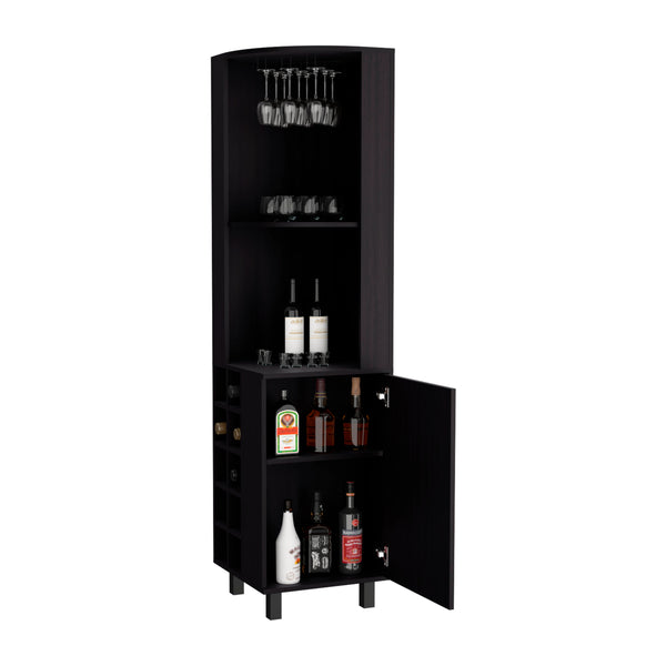 English Elm Kaia Black Corner Bar Cabinet with 4 Shelves, 10 Wine Cubbies, Stemware Rack & Foldable Lock B070S00381