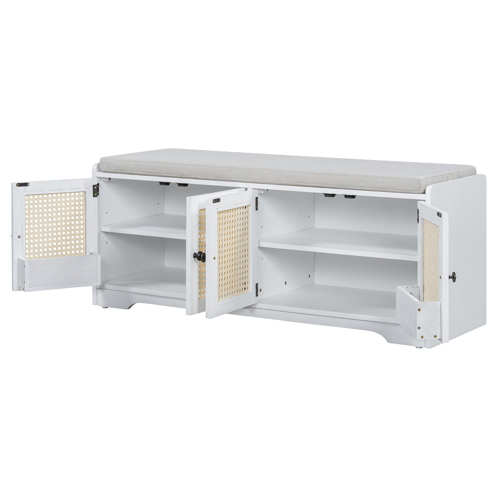 English Elm TREXM Rustic Storage Bench with Woven Rattan Doors, Removable Cushion & Adjustable Shelves for Entryway Home Organizing Beige,Brown N715P308013D