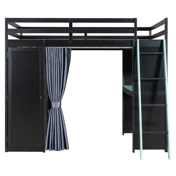 English Elm Full Size Wood Loft Bed with Wardrobe Desk Shelves Rgb Lighting and Blackout Curtains Black+Blue LT000269AAC-1