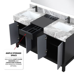 English Elm Black Double Bath Vanity 55" W With Castle Grey Marble Top, Chrome Faucet & 53" Mirror Included B2731S01028