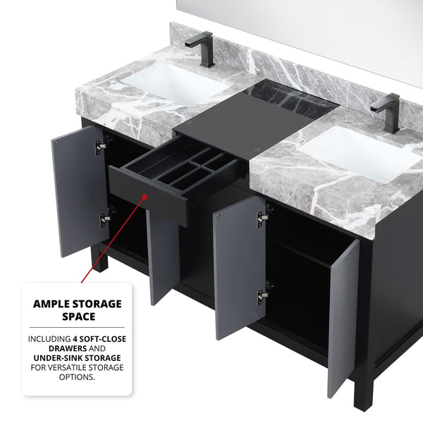 English Elm Black Double Bath Vanity 55" W With Castle Grey Marble Top, Chrome Faucet & 53" Mirror Included B2731S01028