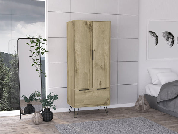 English Elm Nuvo Mid-century Oak Double Door Storage Cabinet with Hairpin Legs and Bottom Drawer B128S00208