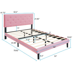English Elm Queen Pink Upholstered Platform Bed Frame with Button-Tufted Linen Headboard, No Box Spring Needed, Sturdy Slat Support, 600LB Capacity, Easy Assembly W311P198067
