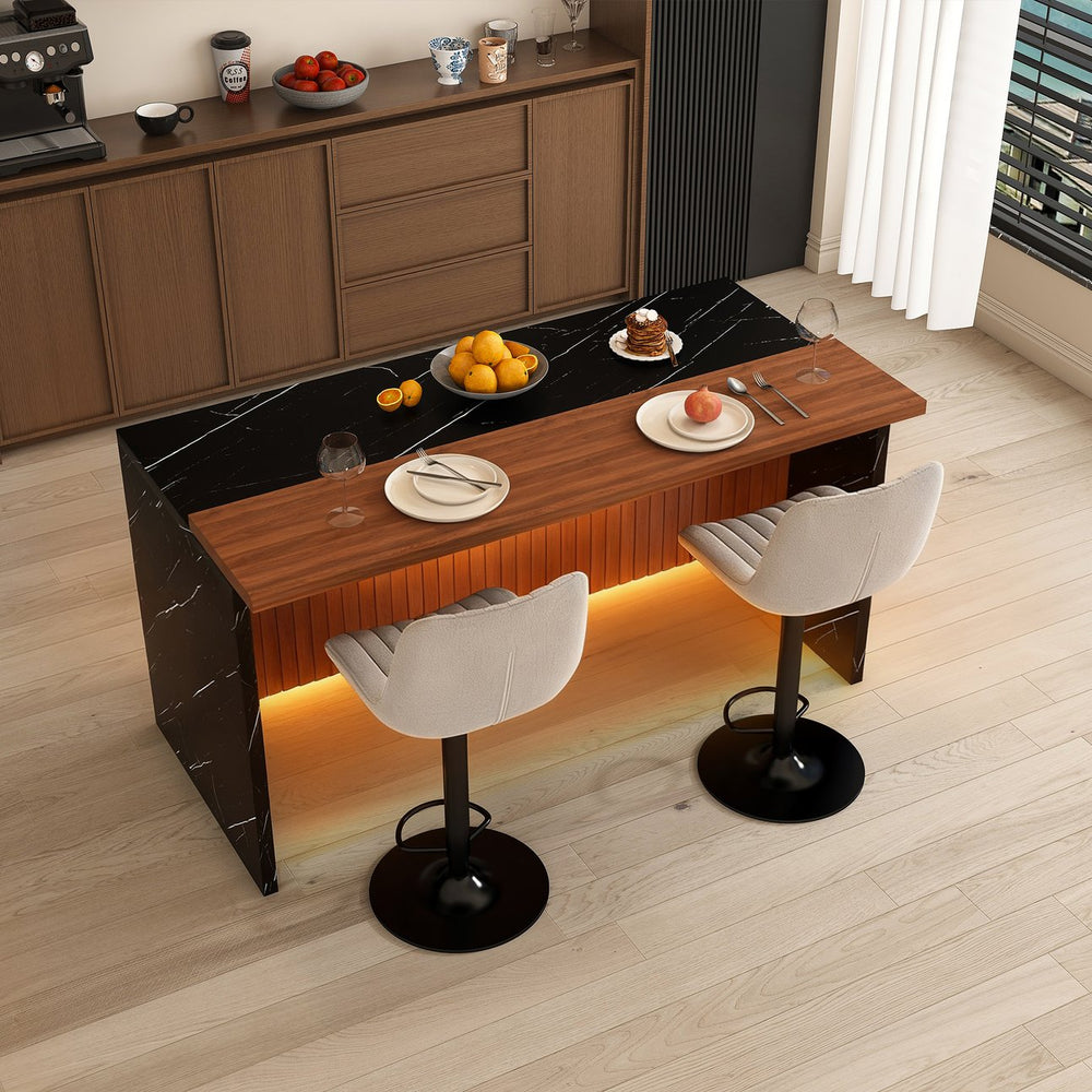 English Elm 63" Modern Kitchen Island Set With 2 Gray Bar Stools - Stylish Black Marble, Led Lighting, Durable Design W2699S00068