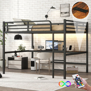 English Elm Metal Queen Loft Bed With Integrated Desk, Power Outlet & Led Lights - Space-Saving Black Design W1580S00107