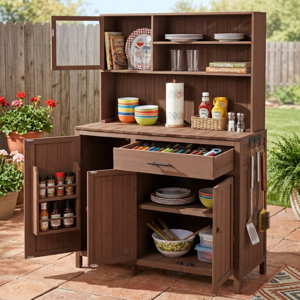 English Elm (with Hutch) Topamx Solid Fir Potting Bench Patio Workstation Spice Rack Drawer Brown N717P404330D