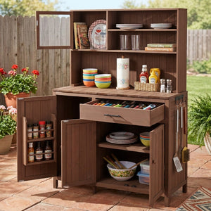 English Elm (with Hutch) Topamx Solid Fir Potting Bench Patio Workstation Spice Rack Drawer Brown N717P404330D