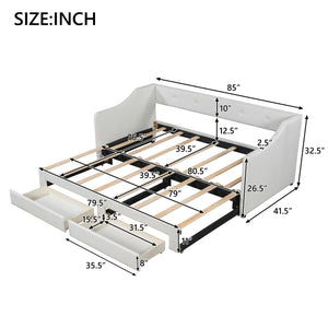 English Elm Twin XL Upholstered Daybed with Two Drawers — Convertible King Sofa Bed, Buttoned Back, Linen Upholstery Beige DL002056AAA