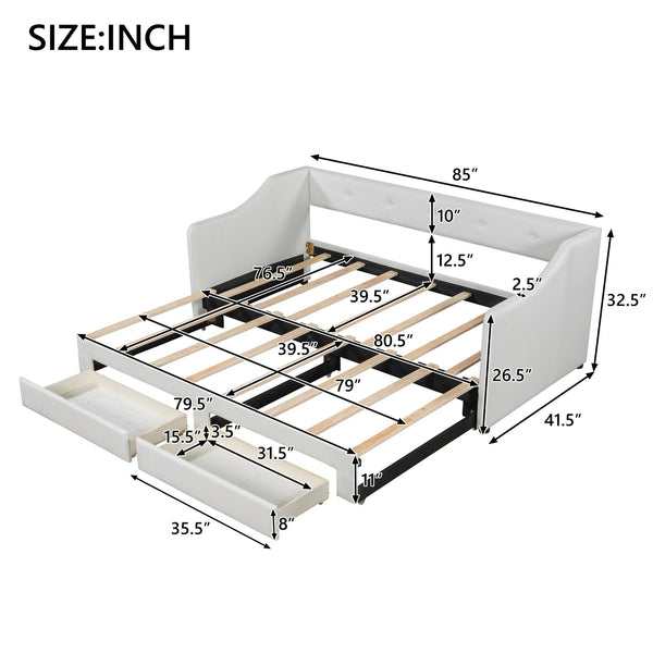 English Elm Twin XL Upholstered Daybed with Two Drawers — Convertible King Sofa Bed, Buttoned Back, Linen Upholstery Beige DL002056AAA