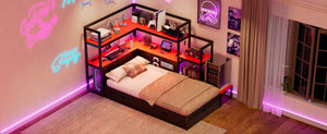 English Elm Twin Gaming Daybed with Led Strips Desk Pegboard Bookcase and Three Storage Drawers Black+Red N820S00083J