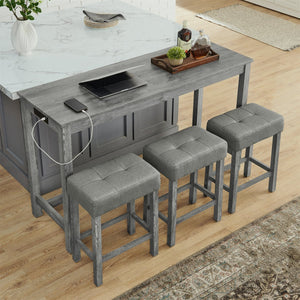 English Elm 59 Inch Bar Table with Built-In Power Outlet and 3 Upholstered Stools, Sturdy MDF & Solid Wood Design for Kitchen Dining Living Room Grey W2972P277848