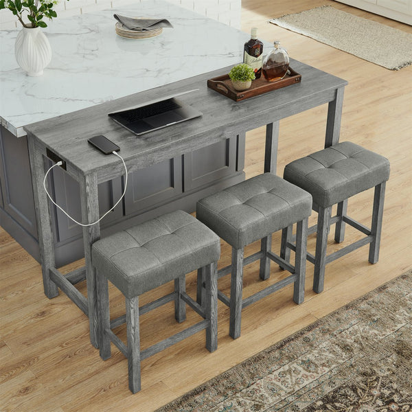 English Elm 59 Inch Bar Table with Built-In Power Outlet and 3 Upholstered Stools, Sturdy MDF & Solid Wood Design for Kitchen Dining Living Room Grey W2972P277848
