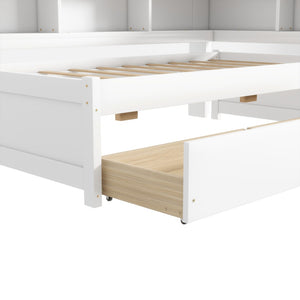 English Elm Twin L-Shaped Bookcase Bed With Usb Charging, Two Drawers & Modern White Finish For Smart Storage W504S00244-GIGA