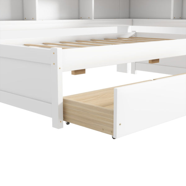 English Elm Twin L-Shaped Bookcase Bed With Usb Charging, Two Drawers & Modern White Finish For Smart Storage W504S00244-GIGA