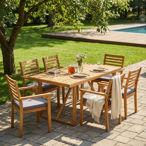 English Elm 7 Piece Solid Acacia Outdoor Dining Set with Teak Finish and Grey Cushioned Chairs N762S000040AAA