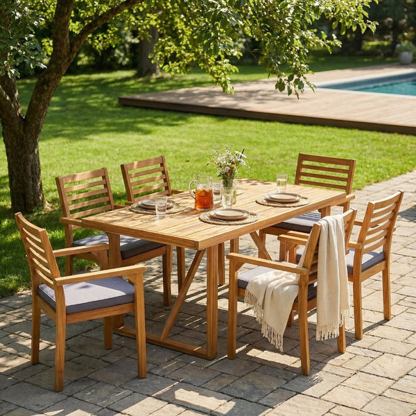 English Elm 7 Piece Solid Acacia Outdoor Dining Set with Teak Finish and Grey Cushioned Chairs N762S000040AAA