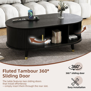 English Elm [Assembly Fluted Tambour Coffee Table with 360° Sliding Door, Built-In Charging Station & Mid-Century Flair Black N721P297572B