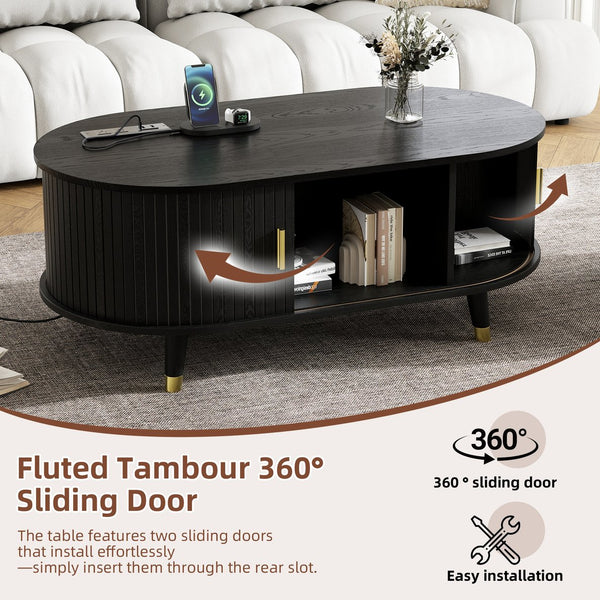 English Elm [Assembly Fluted Tambour Coffee Table with 360° Sliding Door, Built-In Charging Station & Mid-Century Flair Black N721P297572B