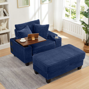 English Elm Fluffy Corduroy Storage Armrest Sofa with Ottoman, Bluetooth Speaker, USB, 180° Swivel Desk Blue W3705P349934