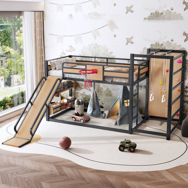 English Elm Twin Metal Loft Bed with Slide Basketball Hoop Climbing Wall and Built-in Shelves W1580S00631